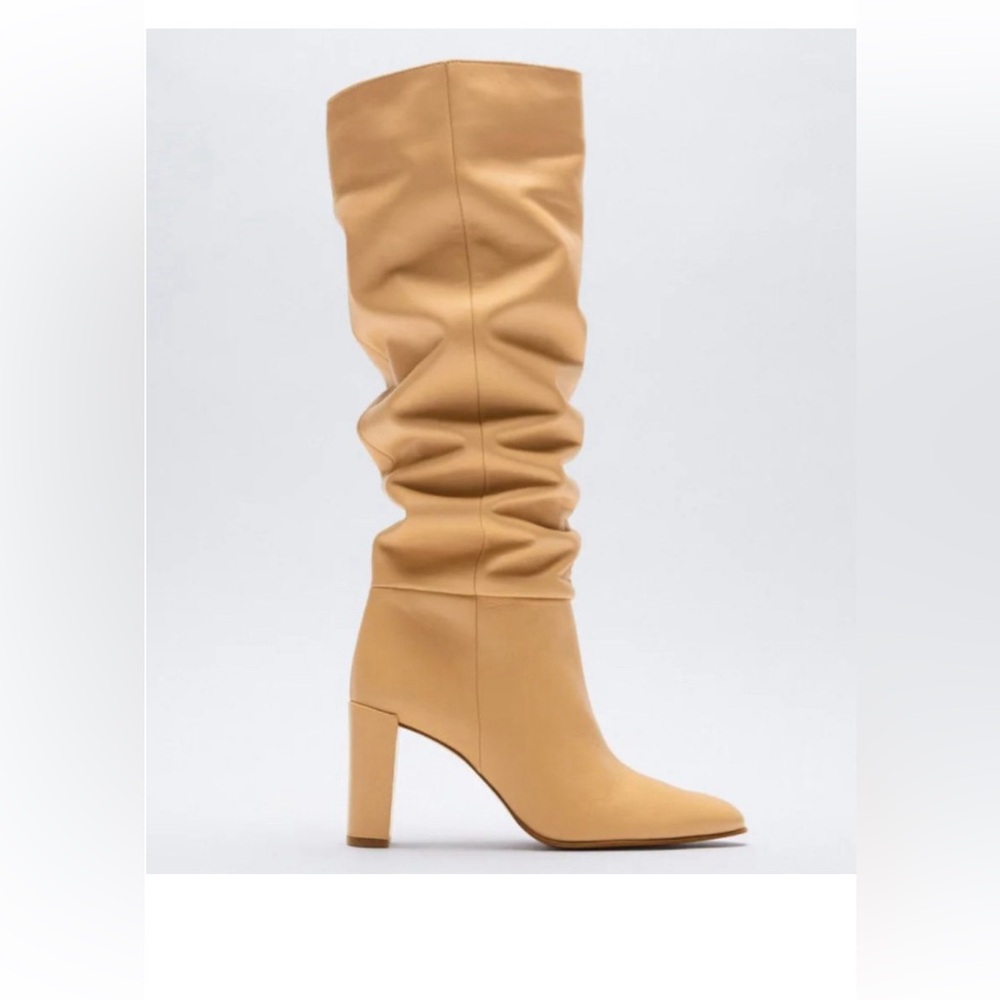 ZARA HIGH SHAFT HEELED LEATHER BOOTS. BEIGE. NWT